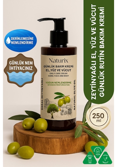 Naturix Zeytinyağlı Nemlendirici Krem 250 Ml El, Yüz & Vücut Losyonu Hassas Ciltler Için Besleyici