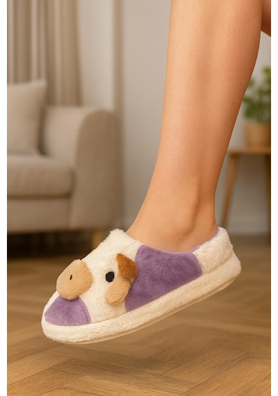 İnek Figürlü Nakışlı Kışlık Unisex Ev Terliği Kaydırmaz Taban Lila