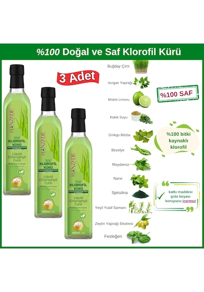Hanzade Bitkisel Sıvı Klorofil Kürü Cam 3 x 500 ML