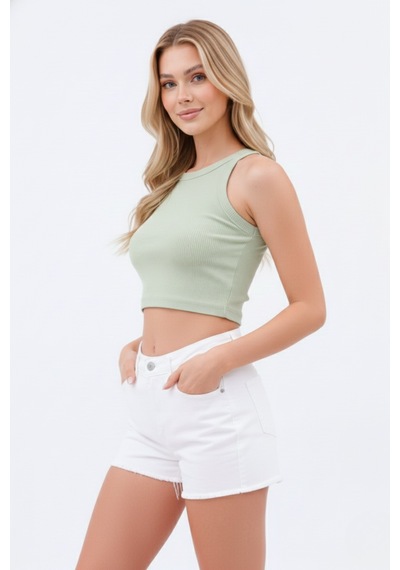 Zedefx Kadın Halter Yaka Pencere Detaylı Crop Bluz Yeşil