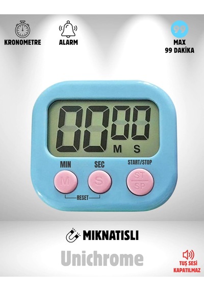 Unichrome Mavi Renk Dijital Ekranlı Alarmlı Mıknatıslı Mutfak Zamanlayıcı