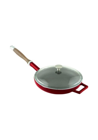 Lava Döküm Kızartma Tavası 28cm Ahşap Saplı Glaze Kırmızı Kırmızı
