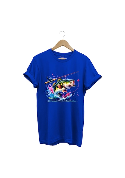 Fishing Balıkçılık Renkli Levrek Balığı Baskılı Avcılık %100 Pamuk Regular Fit Unisex T-shirt Mavi
