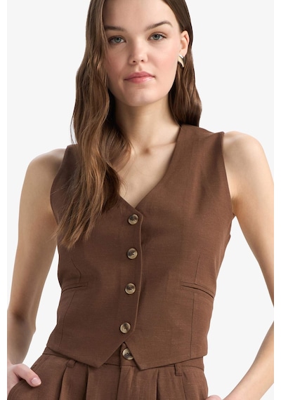 DeFacto V Yaka Keten Karışımlı Blazer Yelek E6209AX25SPBN254 Kahve