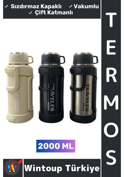 Termos Gündelik Ofis Kamp Outdoor Piknik Sızdırmaz Kapaklı Çift Katmanlı Vakumlu Mug Termos 2000 Ml Çok Renkli