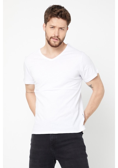 Erkek Indigo %100 Pamuk Basıc Regular Fit Pamuklu Kısa Kollu V Yaka T-shirt Beyaz