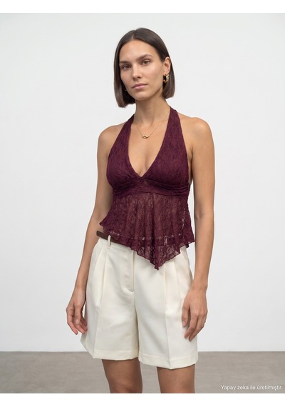 Dilvin 21228 Dantel Halter Yaka Top-bordo