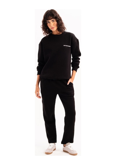 Justever Bisiklet Yaka Nakışlı Şardonlu İçi Polarlı Siyah Kadın Sweatshirt - Rigil Siyah