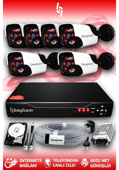 Bayicam 6 Kameralı Panda 6 Dış Kamera Set 100 GB HDD Full HD Gece Görüşlü Güvenlik Kamerası Sistemi