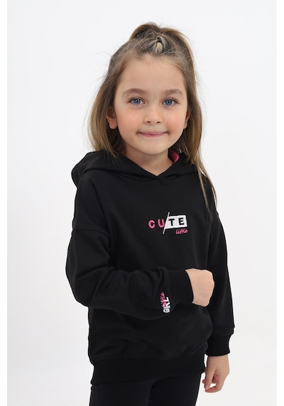 Kız Çocuk Relax Fit Kapüşonlu Düşük Omuz Baskılı Sweatshirt - 2 İplik Siyah