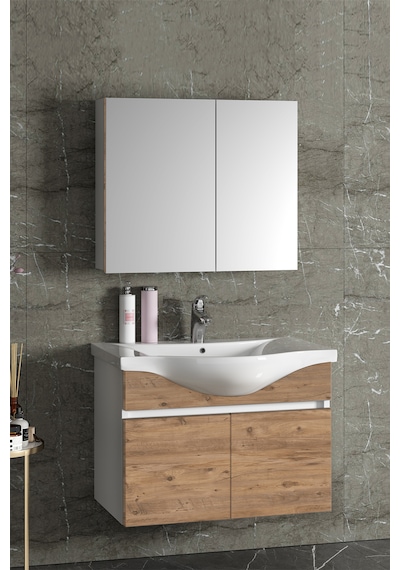 Yıldız 80 Cm Beyaz-atlantik Mdf Lavabolu Asma Banyo Dolabı Takımı Beyaz - Atlantik Çam