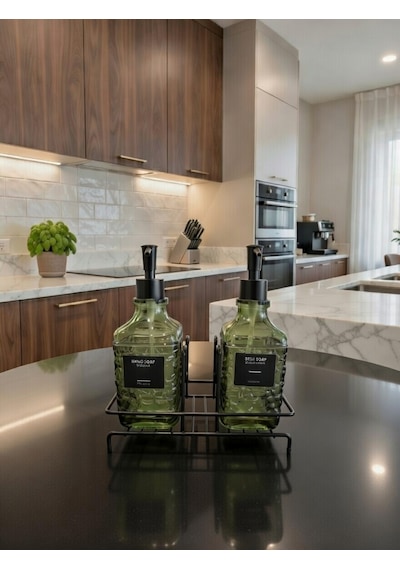 Modern Çizgili - Kabartmalı Cam İkili Sıvı Sabunluk & Deterjanlık Seti - 500ml Standlı Mutfak Ve Banyo Organizeri Yeşil