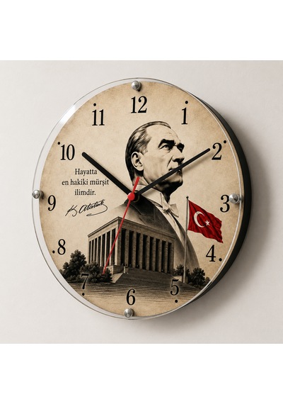 Atatürk Temalı Duvar Saati Türk Bayraklı Dekoratif Saat 5 Mm Mdf Kırılmaz Pleksi Camlı