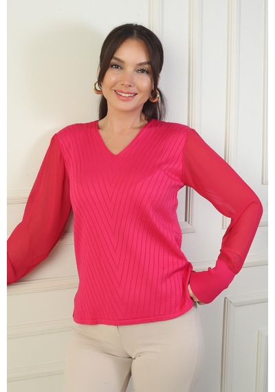 By Saygı Kadın Kolları Şifon V Yaka Kazak-39605 Fuşya