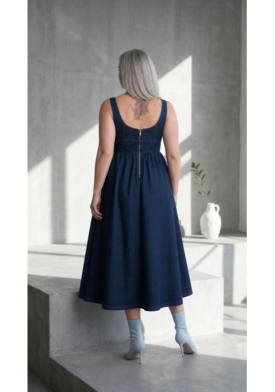 Byemelika Göğüs Agraf - Kanca Detay, Kare Yaka, Belden Kloş Etekli Denim Elbise Mavi
