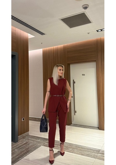 Modadua Bordo Kemerli Yelek & Pantolon Takım Ofis Ve Davet Şıklığı