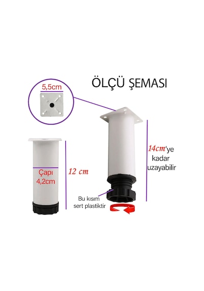 Metal Ayarlanabilir 12 Cm Beyaz Destek Ayağı Mobilya Kanepe Baza Koltuk Dolap Sehpa Tv Ünitesi Ayağı