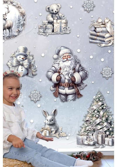 Silver Yılbaşı Seti, Yeni Yıl Yılbaşı Kış Konseptli Yılbaşı Süsü Sticker Seti Noel Baba Ağaçlar Dijital Baskı