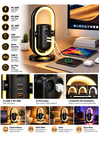 Akım Korumalı 2'li Priz 2 Type-c 1 Usb Led Gece Lambalı Priz Çoklayıcı Güç Ünitesi 0 - 2 M