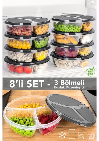 8 Adet Yuvarlak 3 Bölmeli Saklama Kabı - Mikrodalga Ve Difrize Uygun Buzdolabı Organizer Difriz Kabı Şeffaf