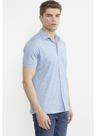 Slim Fit Baskılı Penye Gömlek - Mavi Mavi