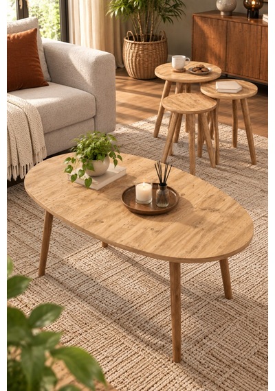 Sulorahome 4'lü Orta Ve Zigon Sehpa Seti Kahverengi Atlantik Çam Desenli
