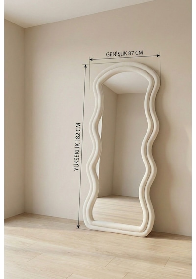 Ayaklı Kumaşlı Boy Aynası - Modern Dalgalı Tasarım Büyük Boy Ayna 182x87 Cm Bej