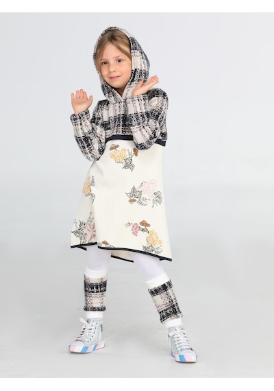 Casabony Ekose Baskılı Hoodie Kız Elbise + Tozluk Takım-gri Gri