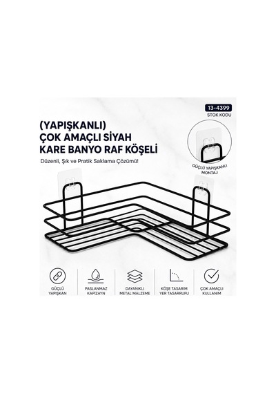 Yapışkanlı Çok Amaçlı Siyah Kare Banyo Raf Köşeli