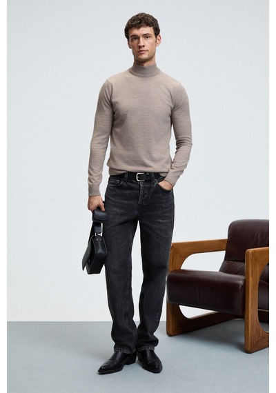 Grimelange REBEL Erkek Yarım Balıkçı Yaka Basic Slim Fit Triko Vizon Kazak