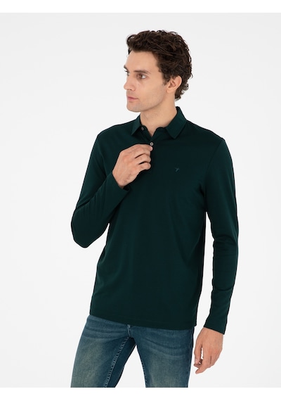 Zümrüt Regular Fit %100 Pamuk Polo Yaka Sweatshirt Yeşil