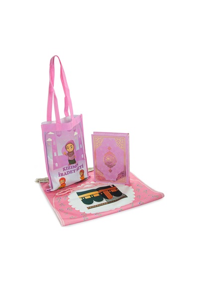 Çantalı Kız Çocuk İbadet Seti Pembe Kabe Motifli İsimli Seccade Orta Boy Kuranı Kerim Tesbihli
