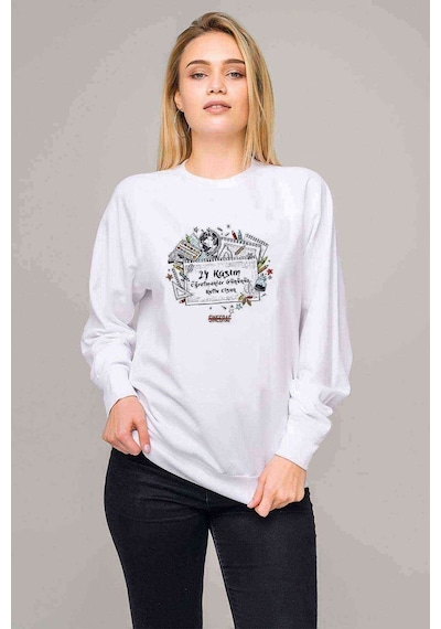 Kasım Öğretmenler Günü Kutlu Olsun Baskılı Beyaz Kadın Sweatshir