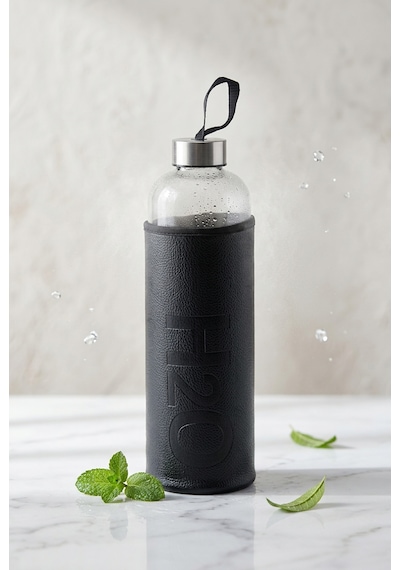 H2o Sağlıklı Cam Matara 1000 Ml Su Şişesi, Deri Kılıflı 1 Lt Sporcu Suluğu Siyah