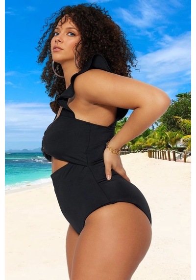 Ersefa Konforlu Plus Size Mayo Tasarım Büyük Beden Esnek Kumaş Plaj Ve H Siyah
