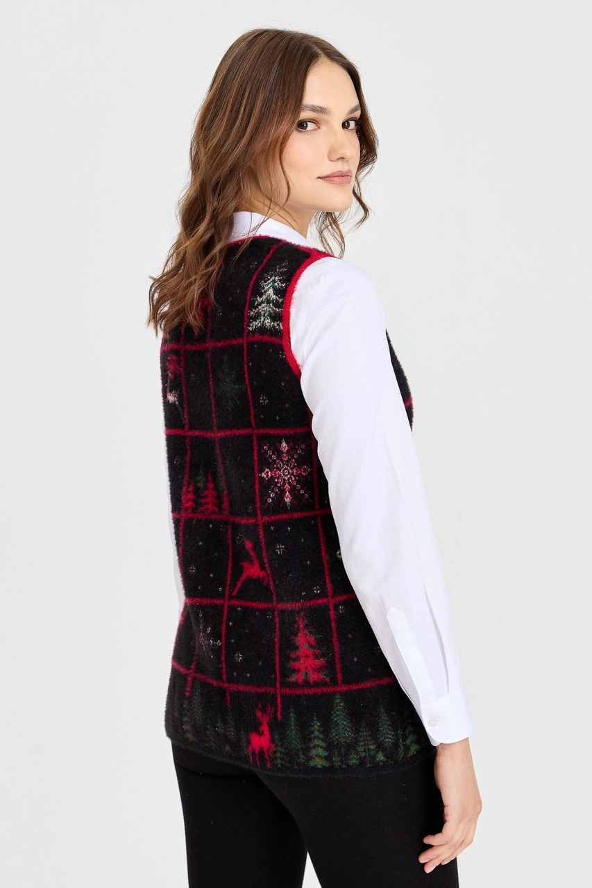 Desen Triko Kadın Sıfır Yaka Patchwork Yılbaşı Desenli Yelek Siyah Siyah