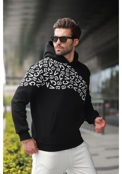 Madmext Siyah Baskılı Kapüşonlu Erkek Sweatshirt E7160 Siyah