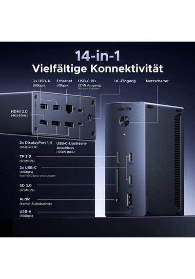Ugreen Revodok Pro 2dp Ve Hdmı Yalnızca Windows Dizüstü Bilgisayarlar İçin 8k Dp/4k Hdmı, 100w Şarj, 27w Usb C, 10gbps Usb Bağlantı Noktaları, Gigabit Lan, Sd/tf İle Üçlü Ekran Yuvası Ugreen Revodok Pro 2dp Ve Hdmı Yalnızca Windows Dizüstü Bilgisayarlar İçin 8k Dp/4k Hdmı, 100w Şarj, 27w Usb C, 10gbps Usb Bağlantı Noktaları, Gigabit Lan, Sd/tf İle Üçlü Ekran Yuvası