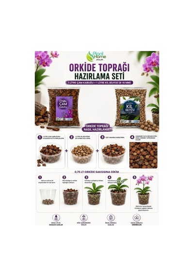 Hüskon Ticaret Oekide Toprağı Hazırlama Seti 2'li - 1 Litre Ithal Çam Kabuğu + 1 Litre Kil Bilyesi 8-16mm Orkide Dikim Ve Saksı Değişim Seti 1 L