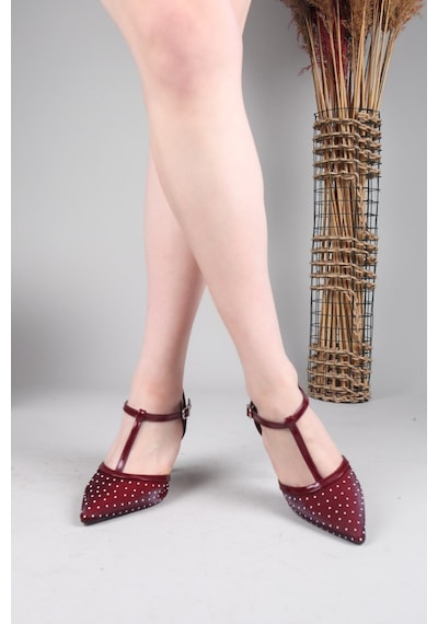 Birikon Arıs Saten Rugan Garnili Stiletto Bordo-8796