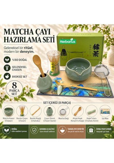 Herbarius 8 Parça Parlak Mint Yeşili Renk Matcha Çayı Hazırlama Seti - Geleneksel Japon Matcha Seti
