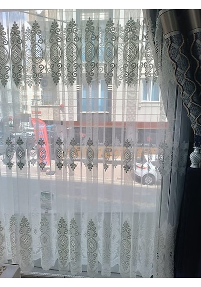 Raporlu, Nakışlı, Kırışma Yapmaz 1/3 Sık Pile Ekru Tül Perde