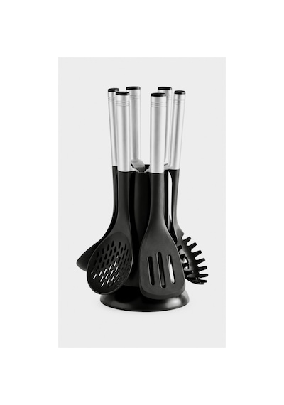 5 Parça Plastik Büyük Boy Mutfak Gereçleri Seti Standlı Kepçe, Kaşık, Kevgir, Spatula, Makarna Servis Kaşığı Isıya Dayanıklı Bpa Free Yapışmaz Siyah