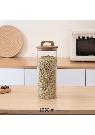 Borosilikat Cam Vakumlu Kavanoz 1550 Ml Akasya Kapaklı Bakliyat & Baharat Kavanozu 3 Adet Şeffaf