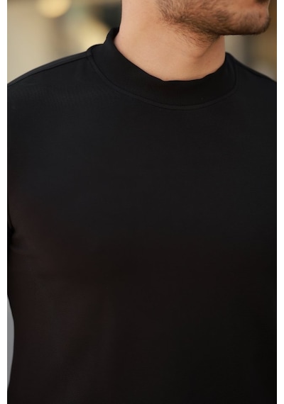 Erkek Ince Çizgi Dokulu Kısa Kollu T-shirt Siyah