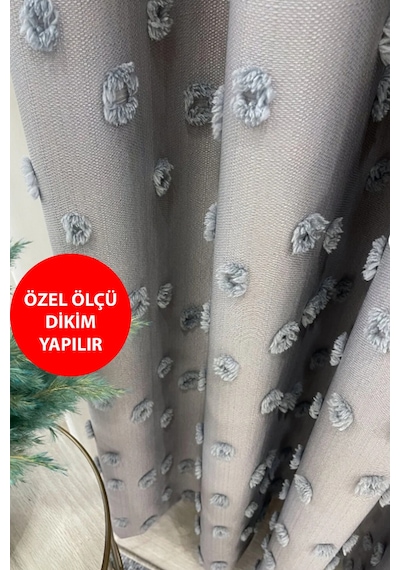 Fon Perde Gri Pufy Püsküllü, Ponponlu, Perde Sık Pileli Keten Pano Fon Tek Kanat Gri