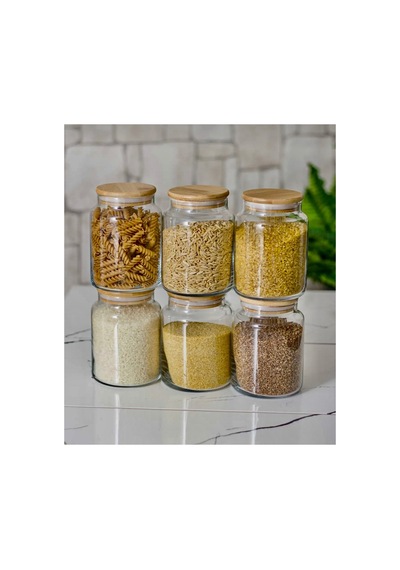 6 Adet 1000 Ml Bambu Kapaklı Cam Kavanoz Seti Bakliyat Saklama Kavanoz Seti Bej Bej
