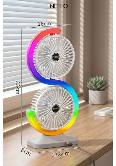 Exenar - Beyaz - Şarjlı Vantilatör Masaüstü Fırçasız Motor Çift Başlıklı Fan 5 Kademe Rgb Led Işıklı Vantilatör 1800 Mah Şarjlı