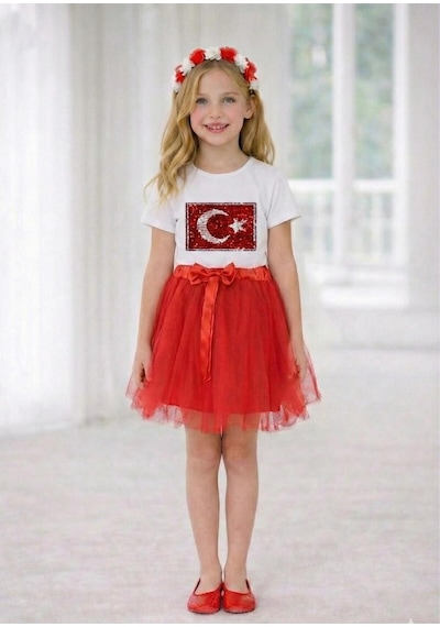 Nacar Store Kız Çocuk Ayyıldız Pullu Bayrak Desenli Gösteri Takımı 23 Nisan Ve Özel Bayramlar Kırmızı