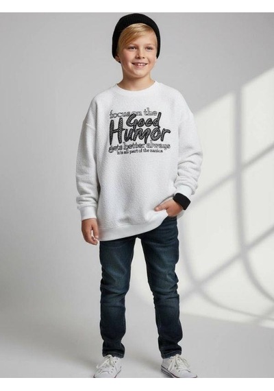 Zekids Erkek Çocuk Good Humor Yazılı Uzun Kollu İnce Triko T-shirt-16647 Beyaz